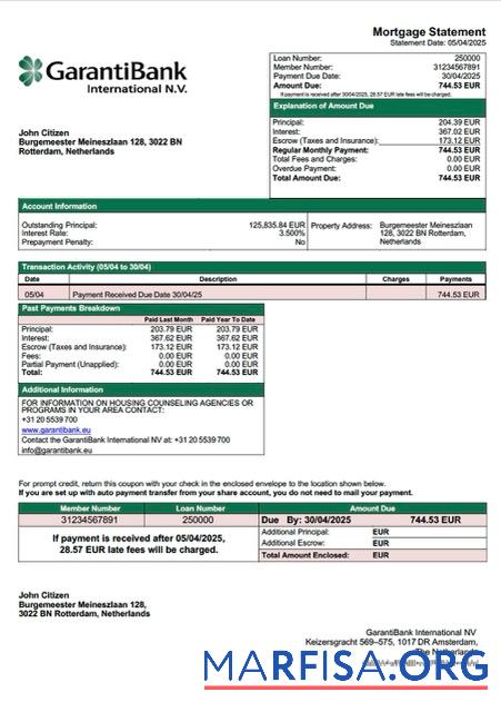 Realistic Netherlands GarantiBank International NV mortgage statement Word and PDF template